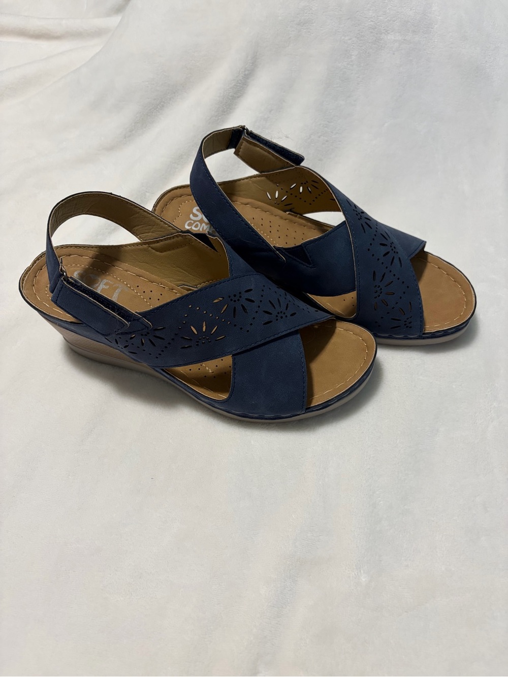 comfort plus by Predictions Navy Laser-Cut Cross-Strap Wedge Sandals